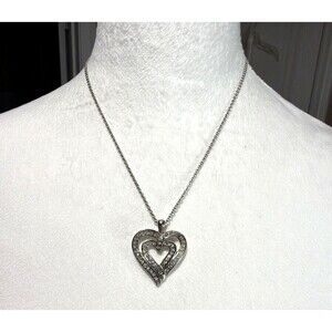 Silver Tone Double Heart Pendant Necklace Faux Diamond Accent Non Magnetic 18"